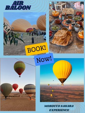 A scenic collage featuring hot air balloon rides over Morocco's desert. Images show colorful balloons floating at sunrise and a traditional Moroccan breakfast served before the ride.