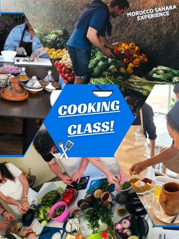 A vibrant collage showcasing a Moroccan cooking class. Participants prepare traditional dishes with fresh ingredients, shop for produce at a local market, and cook in an authentic setting.