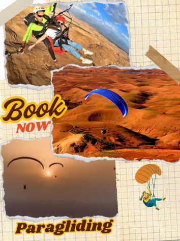 An adventurous collage of paragliding over Morocco's desert landscape. Tourists soar high above golden dunes, enjoying breathtaking aerial views during sunrise and daytime flights.